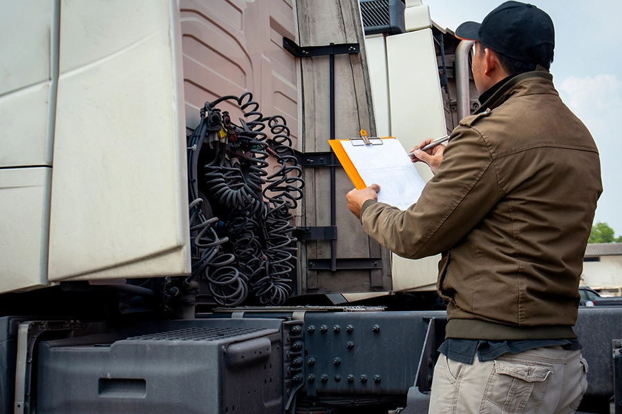 Truck driver going over an inspection on his truck before driving on the road in Decatur, IL.