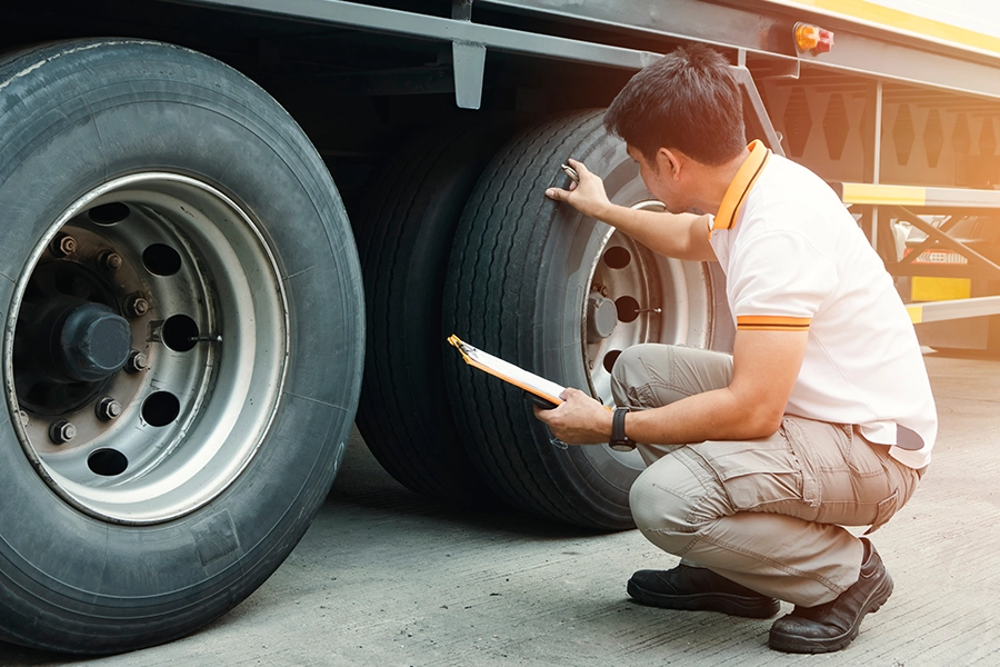 Mechanic with a clipboard checking the tires on a semi-truck in Decatur, IL.