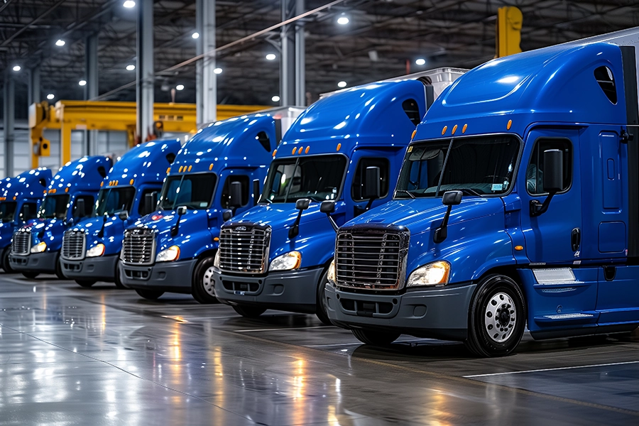 A row of blue semi-trucks parked in a warehouse in Decatur, IL.