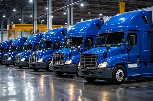 Decatur Trailer Sales & Service - A row of blue semi-trucks parked in a warehouse in Decatur, IL.