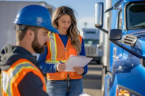Decatur Trailer Sales & Service—Two mechanics in safety vests inspect a semi-truck for a safety checklist in Decatur, IL.