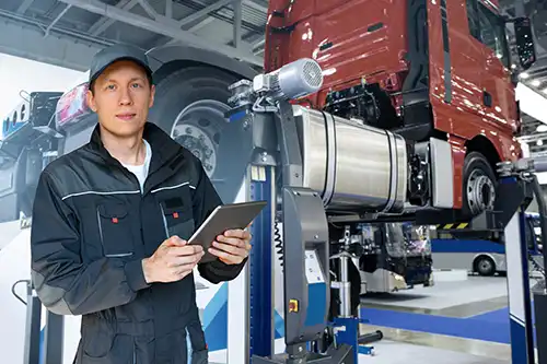 Decatur Trailer Sales & Service—A professional mechanic holds a digital tablet as he examines a red semi-truck for maintenance and repairs in a garage in Decatur, IL.