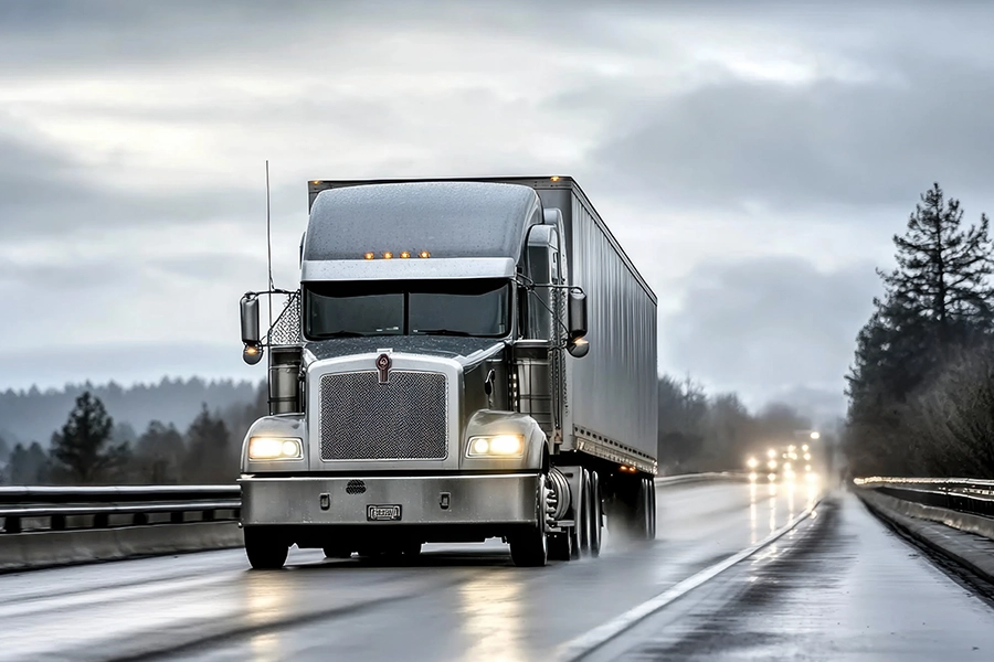 Decatur Trailer Sales & Service – Semi-truck driving on a wet road after a storm in Decatur, IL.