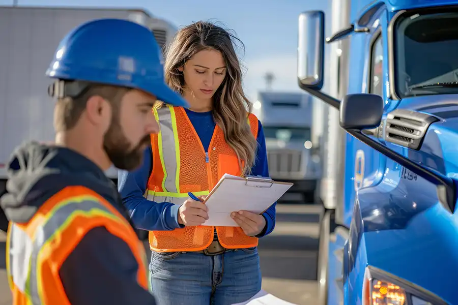 Decatur Trailer Sales & Service—Two mechanics in safety vests inspect a semi-truck for a safety checklist in Decatur, IL.