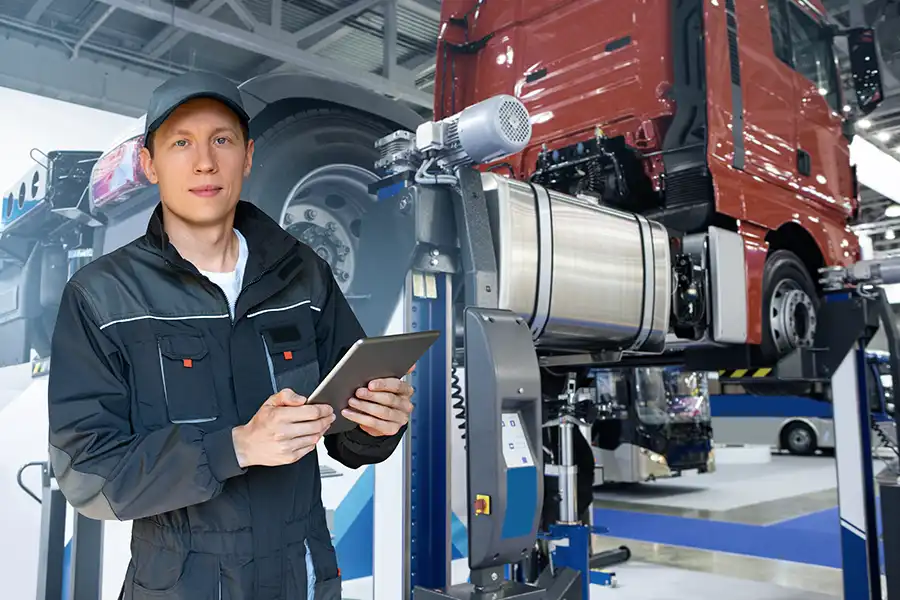 Decatur Trailer Sales & Service—A professional mechanic holds a digital tablet as he examines a red semi-truck for maintenance and repairs in a garage in Decatur, IL.