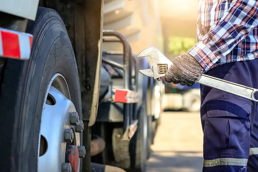 Decatur Trailer Sales & Service Inc.—A professional mechanic with a large wrench in hand prepares to inspect and fix a semi-trailer in Decatur, IL.