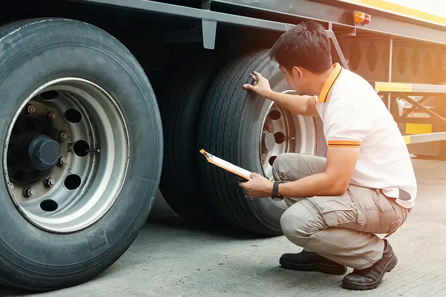 Decatur Trailer Sales & Service—An auto mechanic checks a semi-truck's safety maintenance checklist in Decatur, IL.