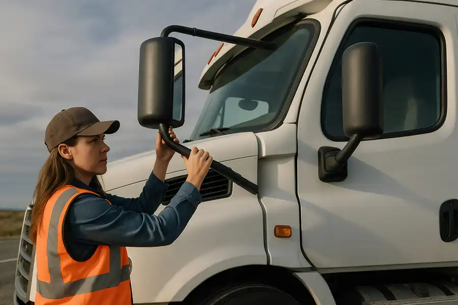 Decatur Trailer Sales & Service—A female worker with a safety vest adjusts a mirror on a semi-truck in Decatur, IL.