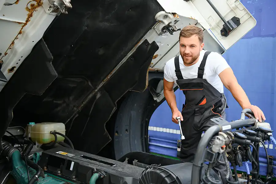 Decatur Trailer Sales & Service—A mechanic performing maintenance services on a semi-truck in a shop in Decatur, IL.