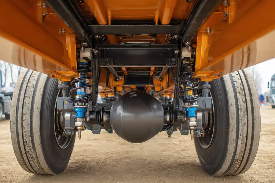 Decatur Trailer Sales & Service—A close-up view of a semi-trailer’s rear axle, showing the suspension and brake system at a shop in Decatur, IL.