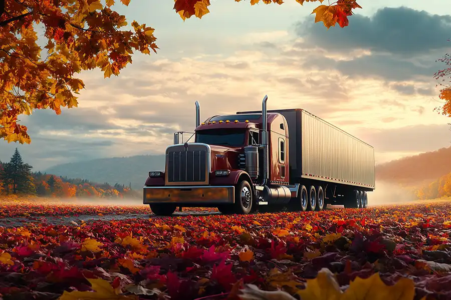 Decatur Trailer Sales & Service—A semi-truck on an autumn road driving through Decatur, IL.