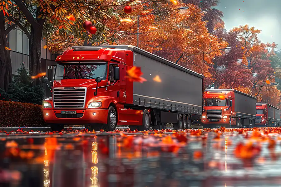 Decatur Trailer Sales & Service—A fleet of semi-trucks drives through Decatur, IL during the cool fall season.