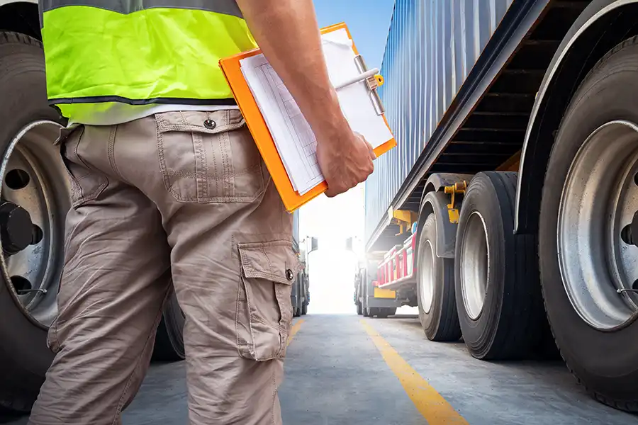 Decatur Trailer Sales & Service—A mechanic with a clipboard checklist stands in front of a semi-truck ready to perform required maintenance in Decatur, IL.