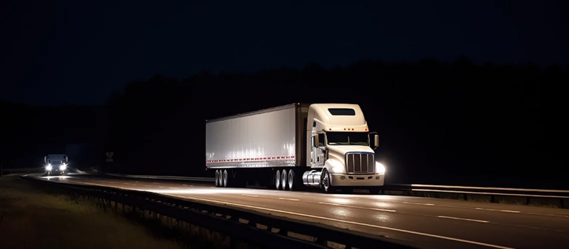 Truck driving on a road in Decatur, IL with repaired electrical system and working headlights.