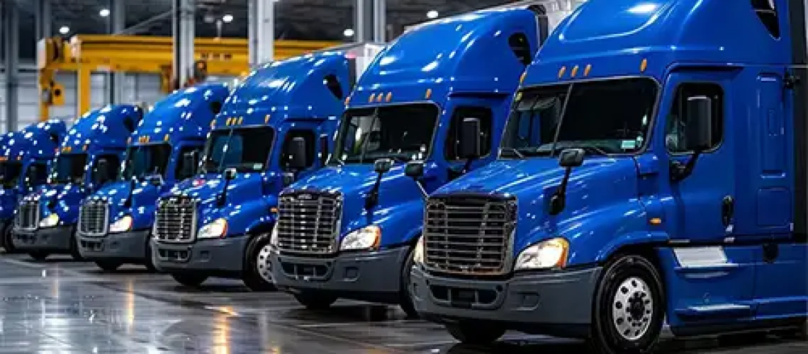 Decatur Trailer Sales & Service - A row of blue semi-trucks parked in a warehouse in Decatur, IL.