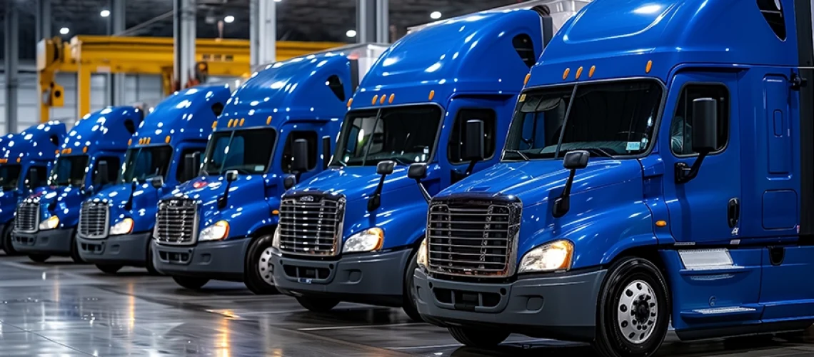 Decatur Trailer Sales & Service - A row of blue semi-trucks parked in a warehouse in Decatur, IL.