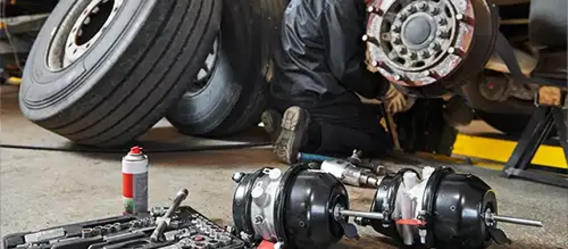 Mechanic at Decatur Trailer Sales & Service Inc. servicing the tires of a semi-truck in Decatur, IL, with tools behind him.