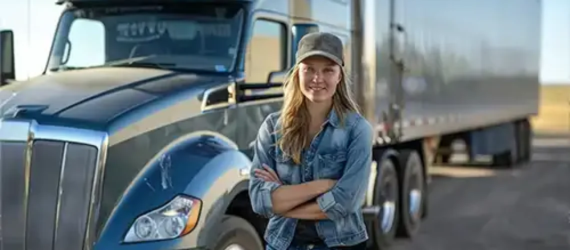 A female truck driver stands by her semi-truck after a breakdown in Decatur, IL. She can rely on Decatur Trailer Sales & Service for repairs.
