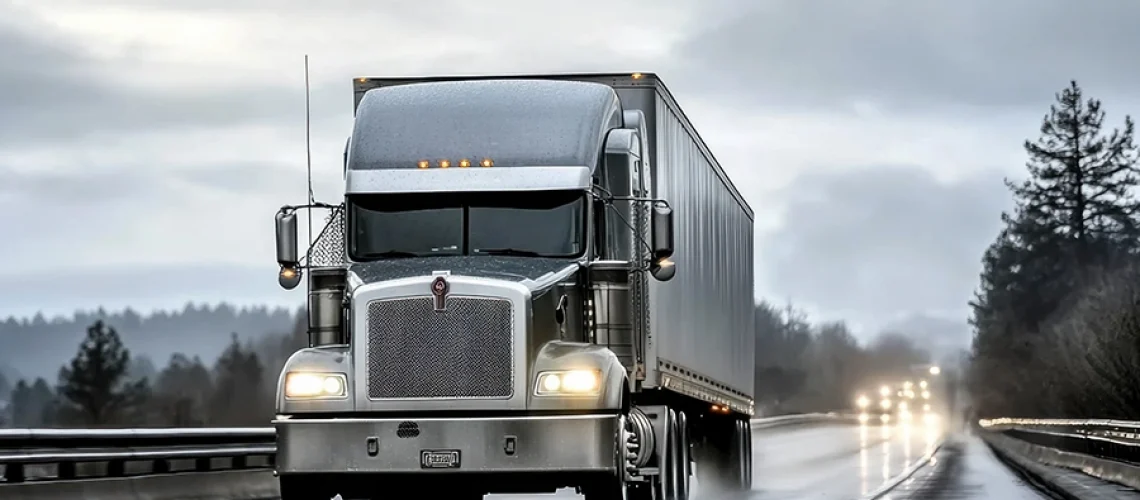 Decatur Trailer Sales & Service – Semi-truck driving on a wet road after a storm in Decatur, IL.