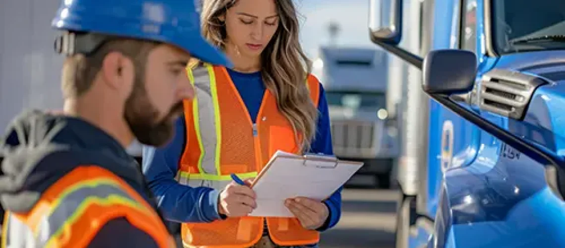 Decatur Trailer Sales & Service—Two mechanics in safety vests inspect a semi-truck for a safety checklist in Decatur, IL.