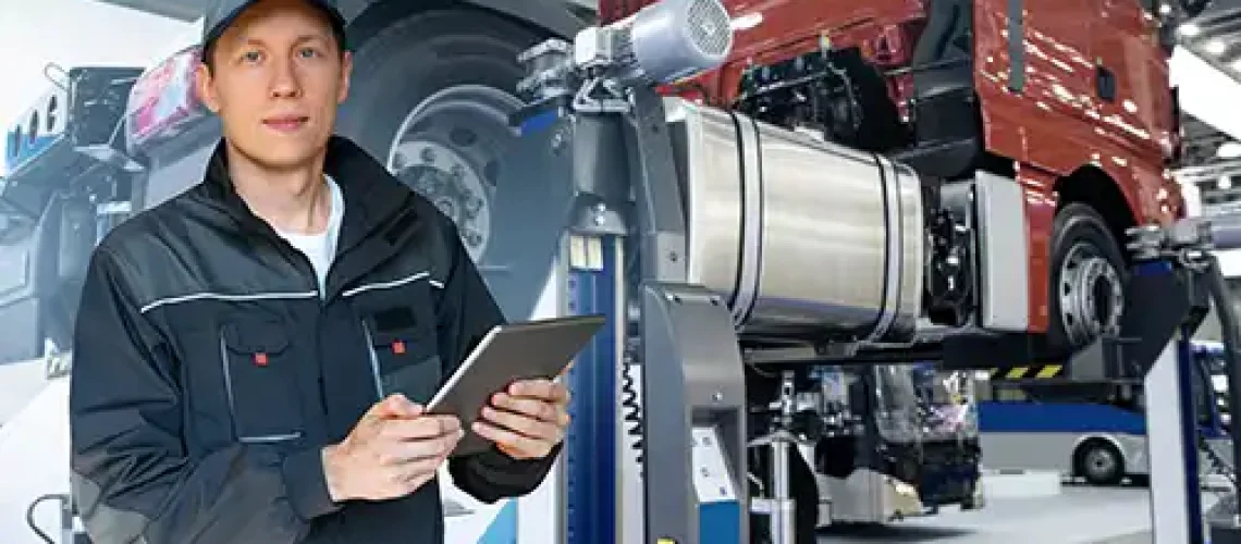 Decatur Trailer Sales & Service—A professional mechanic holds a digital tablet as he examines a red semi-truck for maintenance and repairs in a garage in Decatur, IL.