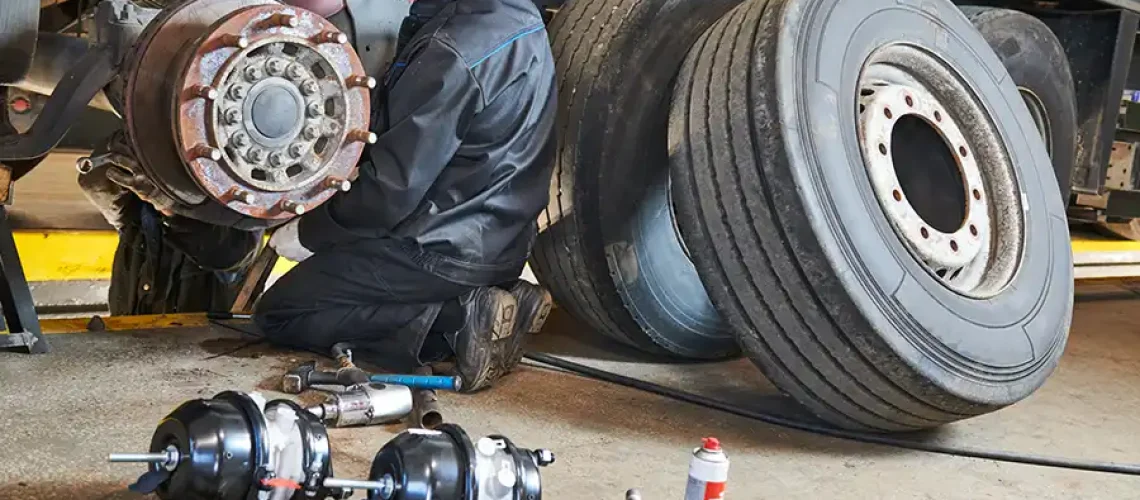Decatur Trailer Sales & Service Inc. – Mechanic with tools sitting by him working on a brake repair on a semi-truck in Decatur, IL.