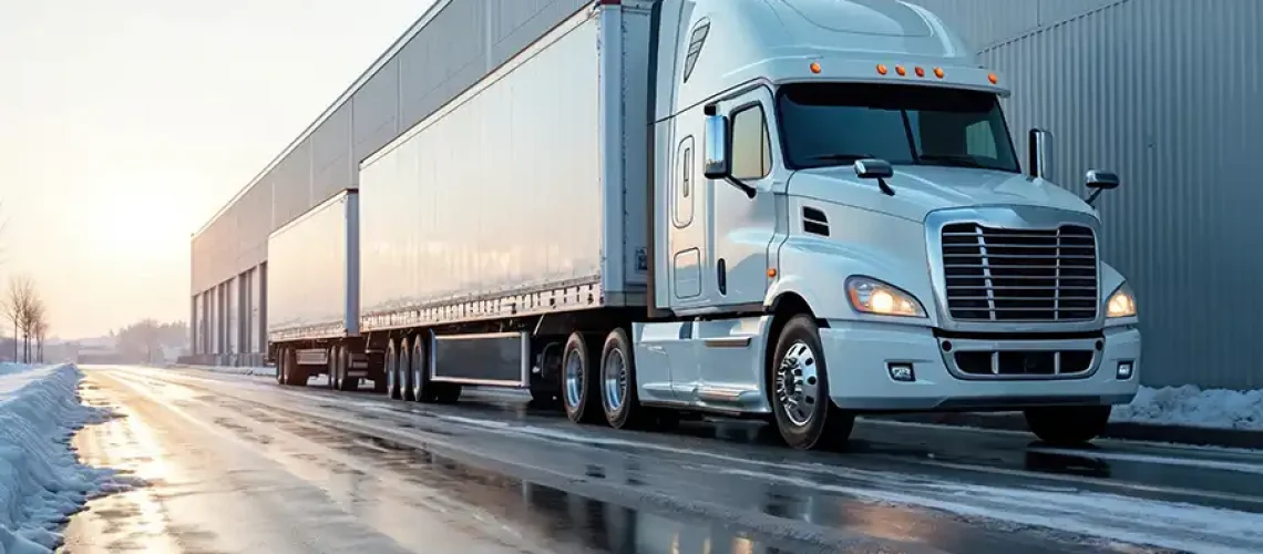 Decatur Trailer Sales & Service—A white semi-truck outside a building in the middle of winter in Decatur, IL.