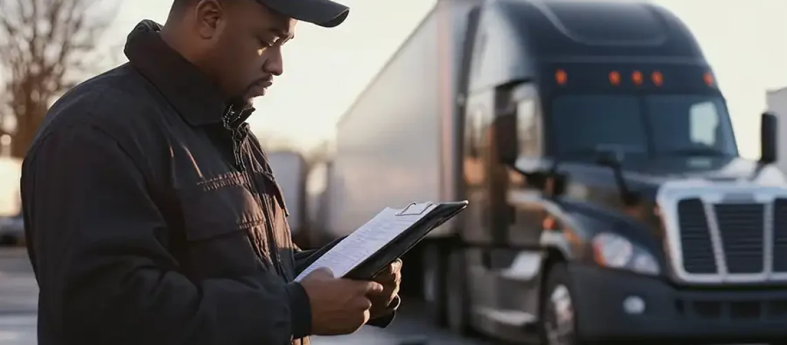 Decatur Trailer Sales & Service—A DOT Inspector with a clipboard about to examine a semi-truck in Decatur, IL.