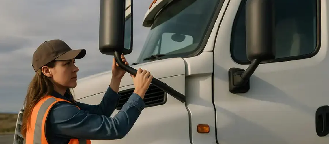 Decatur Trailer Sales & Service—A female worker with a safety vest adjusts a mirror on a semi-truck in Decatur, IL.