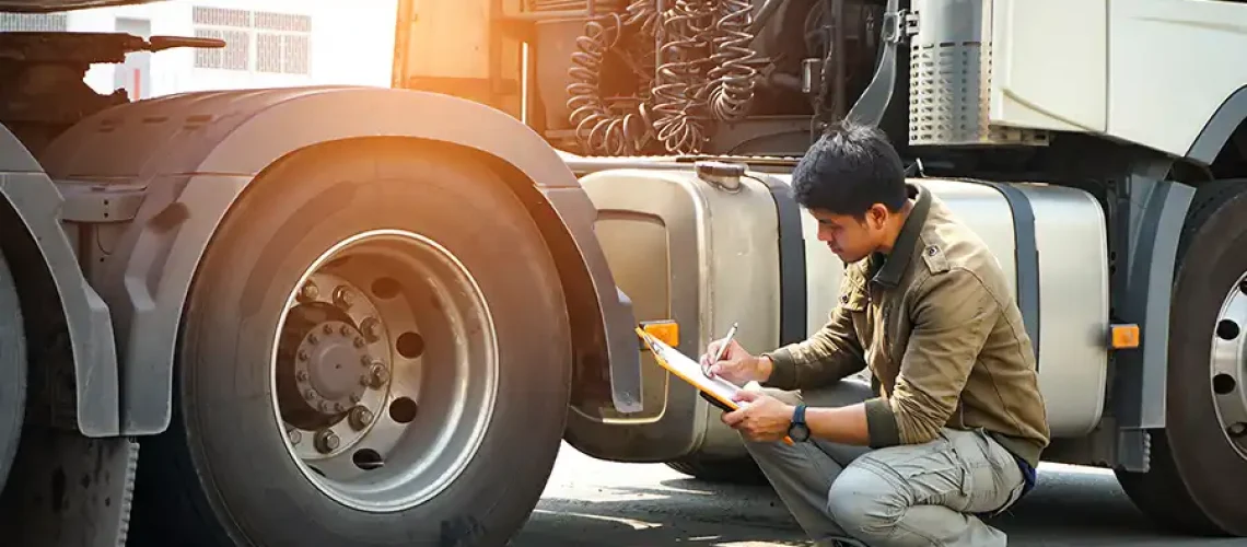 Decatur Trailer Sales & Service—An auto mechanic is checking a semi-truck’s safety maintenance checklist to ensure it is ready for travel in Decatur, IL.