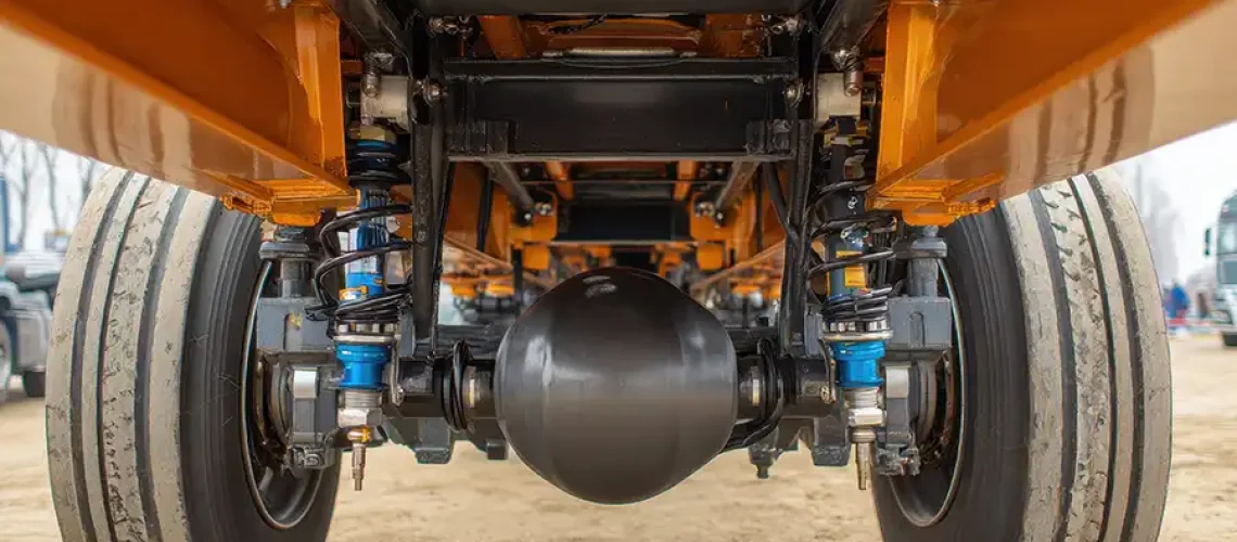 Decatur Trailer Sales & Service—A close-up view of a semi-trailer’s rear axle, showing the suspension and brake system at a shop in Decatur, IL.