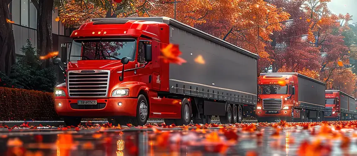 Decatur Trailer Sales & Service—A fleet of semi-trucks drives through Decatur, IL during the cool fall season.